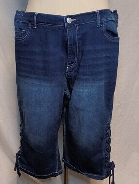 Ashley Stewart Navy Lace-Up Knee-Length Denim Shorts Size 22